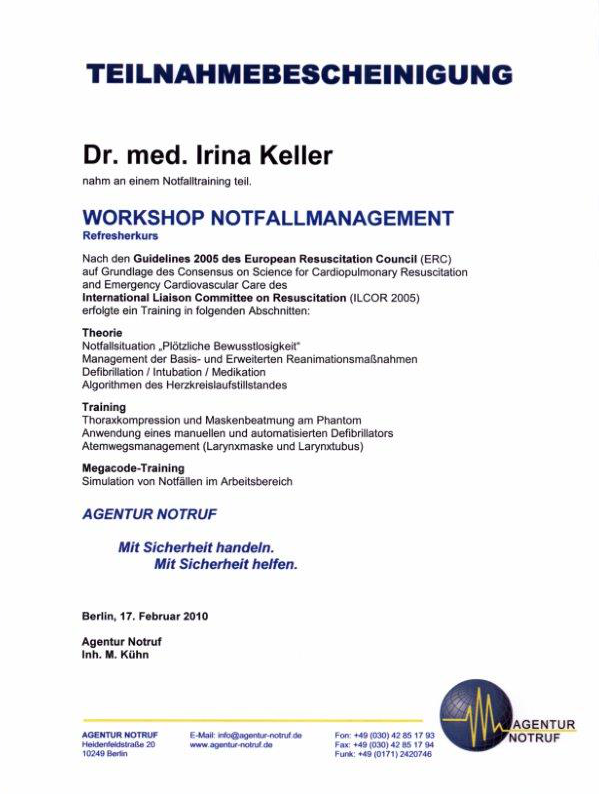 Teilnahmebescheinigung Workshop Notfall Management